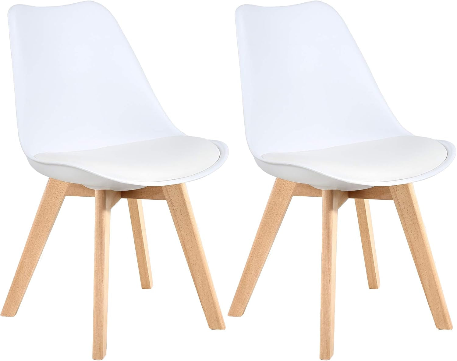 Mid Century Modern Dining Chairs,Shell Lounge Plastic Side Chair with Soft Padded and Wooden Legs for Dining Room Living Room Bedroom Kitchen Set of 2 (White)