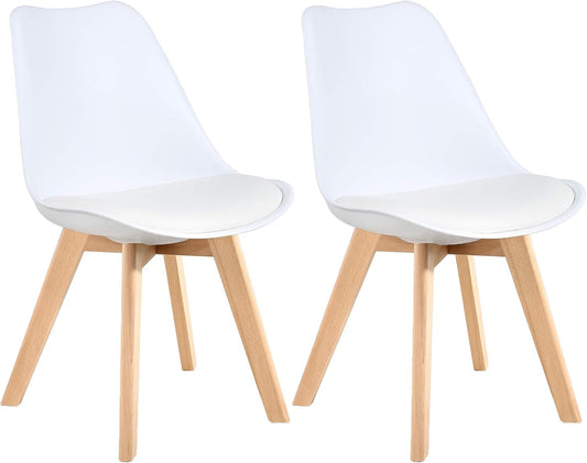 Mid Century Modern Dining Chairs,Shell Lounge Plastic Side Chair with Soft Padded and Wooden Legs for Dining Room Living Room Bedroom Kitchen Set of 2 (White)