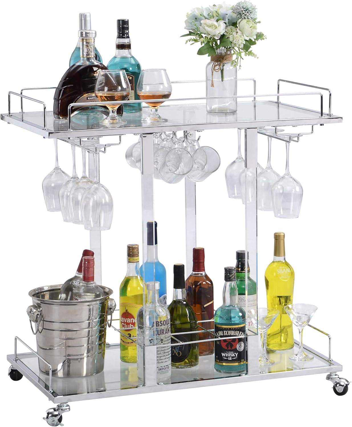 Silver Bar Cart for Home Bar Chrome Serving Cart with Wine Rack 2-Tier Acrylic Rolling Bar Carts on Wheels Clear Dessert Cart Lucite Bar Stand Glass Liquor Cart for Living Room Kitchen Club