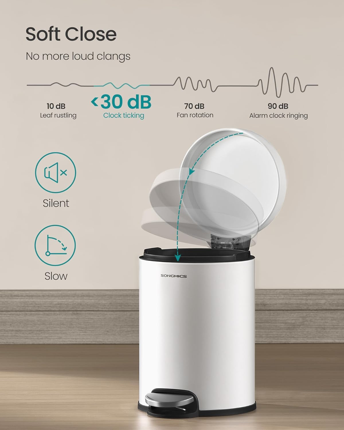 Bathroom Trash Can, 1.6 Gallon (6 L) Small Toilet Garbage Bin with Lid, Soft-Close, Stainless Steel, Pedal, Inner Bucket, Bedroom, Cloud White ULTB016WZ01