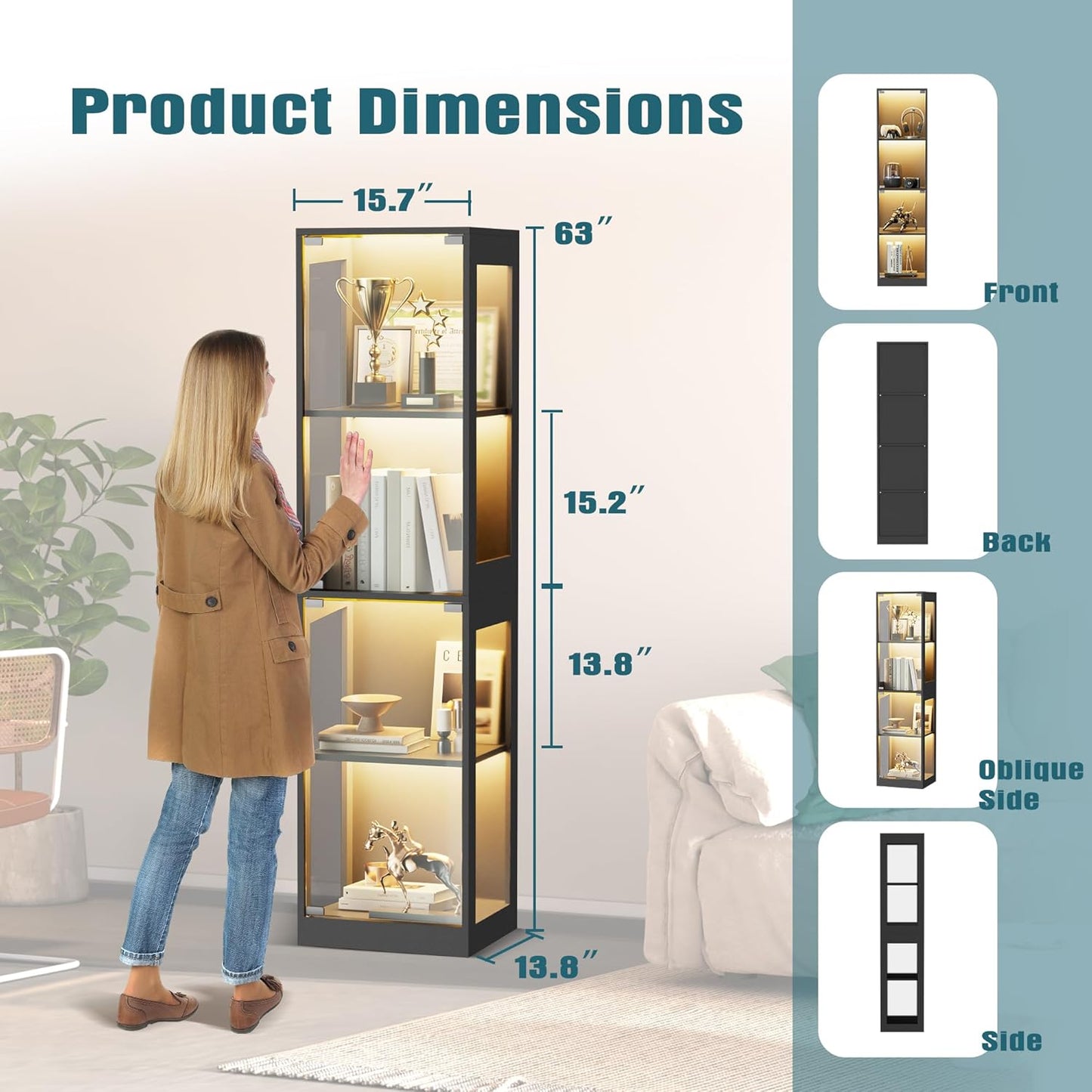 Glass Display Cabinet, 4-Tier Display Cases for Collectibles, Curio Cabinet with RGB Lights, Glass Bookcase Shelf Display Kids Toy Cabinets for Collectible, Living Room, Playroom (Black)