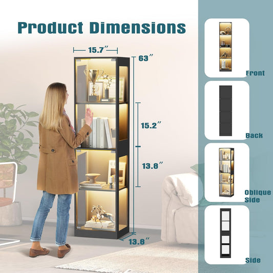Display Cabinet with Glass Doors, 4-Tier Display Case with RGB Lights, Glass Toy Display Cabinet for Collectible, Curio Cabinets Collectibles Display Shelf for Playroom, Living Room (Black)