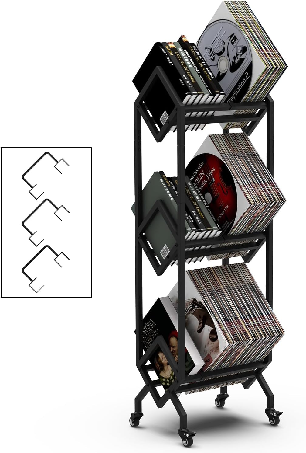 3 Tier Vinyl Record Storage Rack, Mobile Black Metal LP Storage Display Stand with Casters, Large Capacity Record Holder for Albums, Books, Magazines, and Office Files