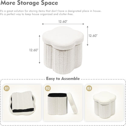 Storage Ottoman Cube, Flowers Shaped Ottomans with Storage Foot Stool Footrest for Lving Room, Boucle Ottoman Seat for Dorm Room,Faux Teddy Fur,White 12.6"X12.6"X12.6"