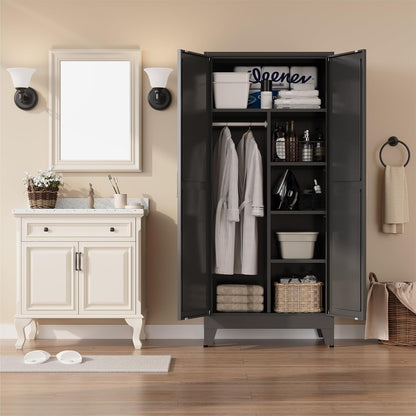 Metal Armoire Wardrobe Closet with Hanging Rod,71'' Metal Wardrobe Cabinet with 2 Doors and 4 Adjustable Shelves, Bedroom Armoires,Laundry Room Cabinets,Armario De Ropa Closet