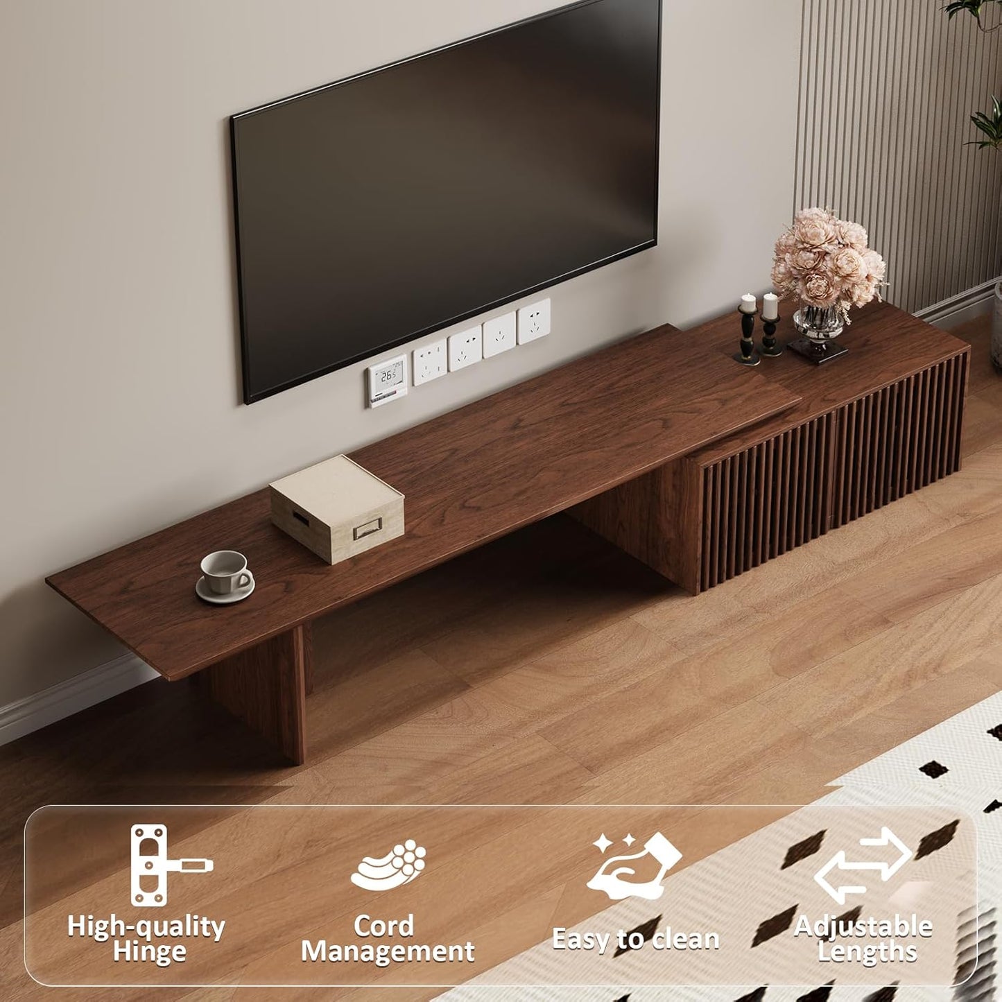 Extendable TV Stand with Storage and Shelves, Wood Entertainment Center for 55+ Inch TV, Modern TV Console, Minimalist Media Console for Living Room, Bedroom-Walnut (Extendable: 78.7"-110")