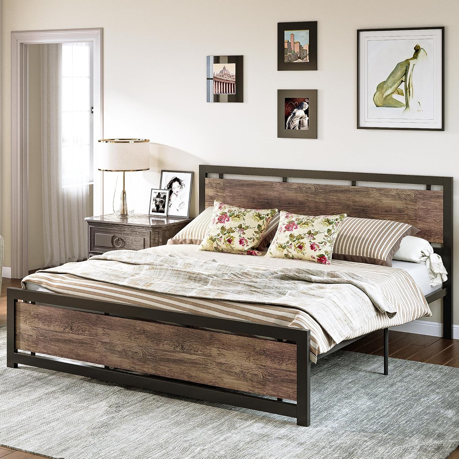 King Bed Frame with Headboard and Footboard, Metal Strong Supports, Easy Assembly, Noise-Free, No Box Spring Needed, Walnut