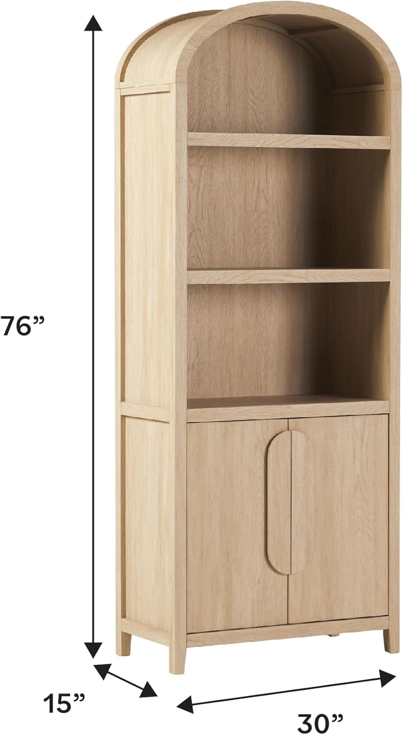 Chantelle Modern Arched Bookcase with Statement Wood Cabinet Pulls - Coastal Oak