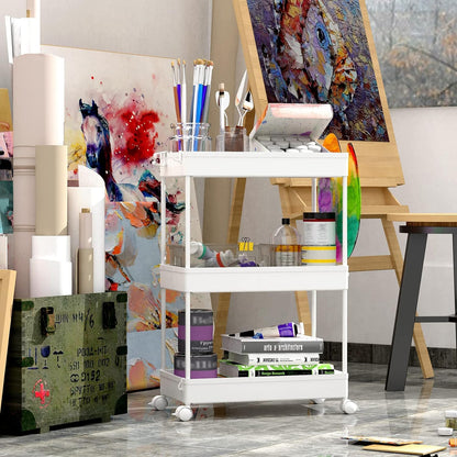 Storage Rolling Cart, 3 Tier Laundry Room Organization Utility Cart Bathroom Organizer Mobile Shelving Unit Shelves Multi-Functional Trolley, White