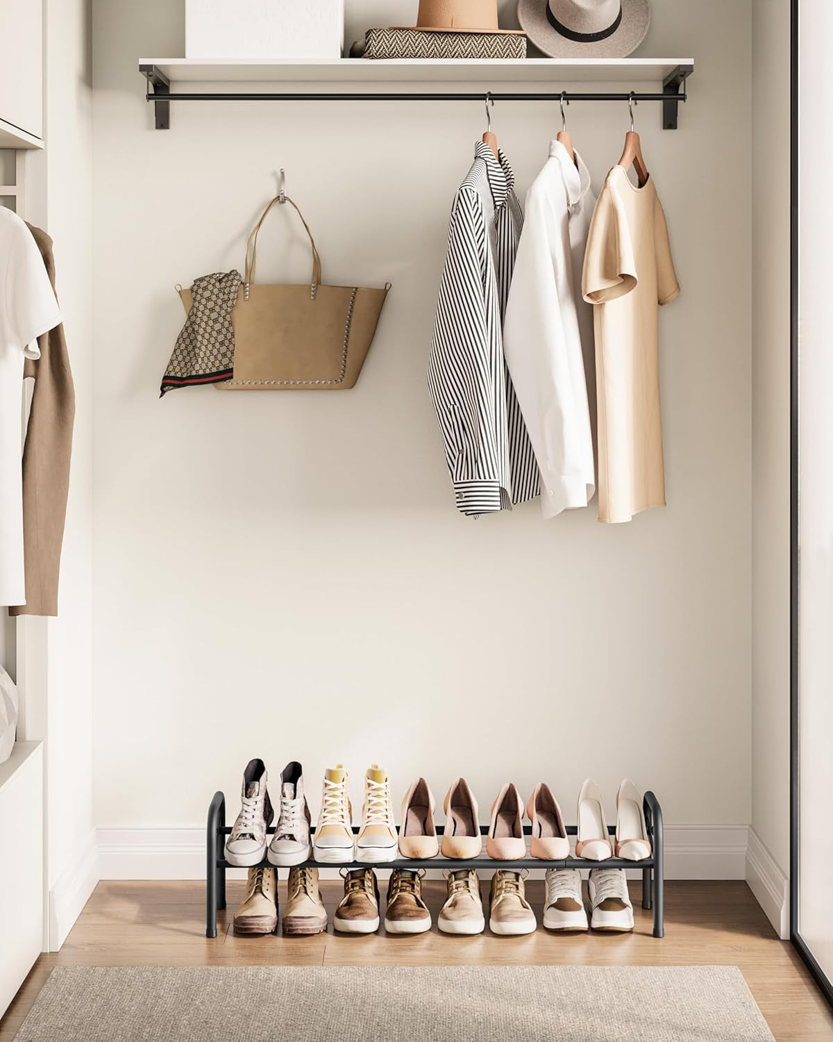 Expandable Shoe Rack, 1 Tier Shoe Rack Shelf, Adjustable Shoe Organizer Storage for 10 Pairs of Shoes, Metal Free Standing Shoe Racks for Closet, Front Door Entryway, Easy Assembly, Ink Black