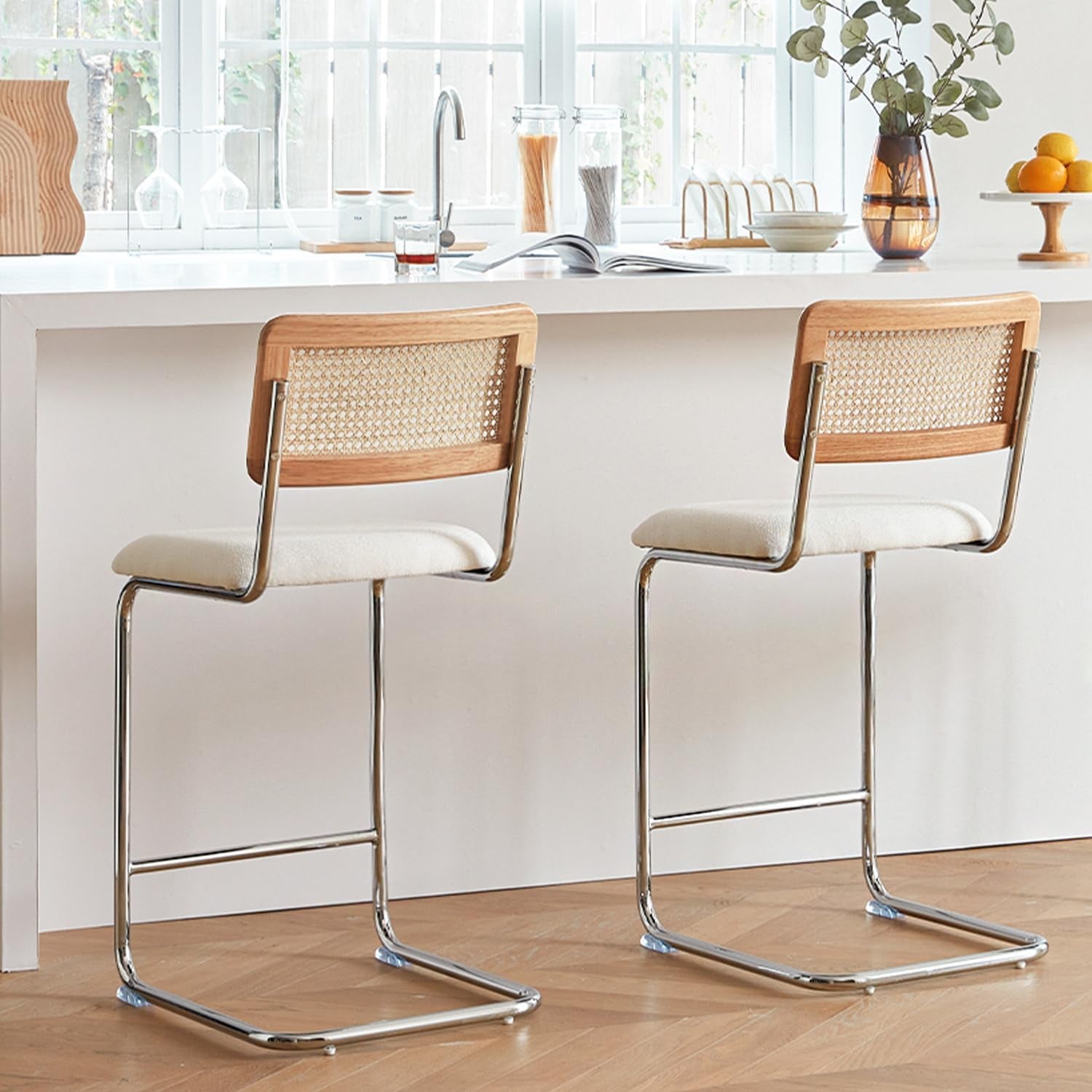 Natural Rattan Counter Height Stools Set of 2 with Solid Wood Back, 24 Inch Mid Century Modern Cesca Bar Stools, White Upholstery Boho Stool for Kitchen Counter with Chrome Metal Legs
