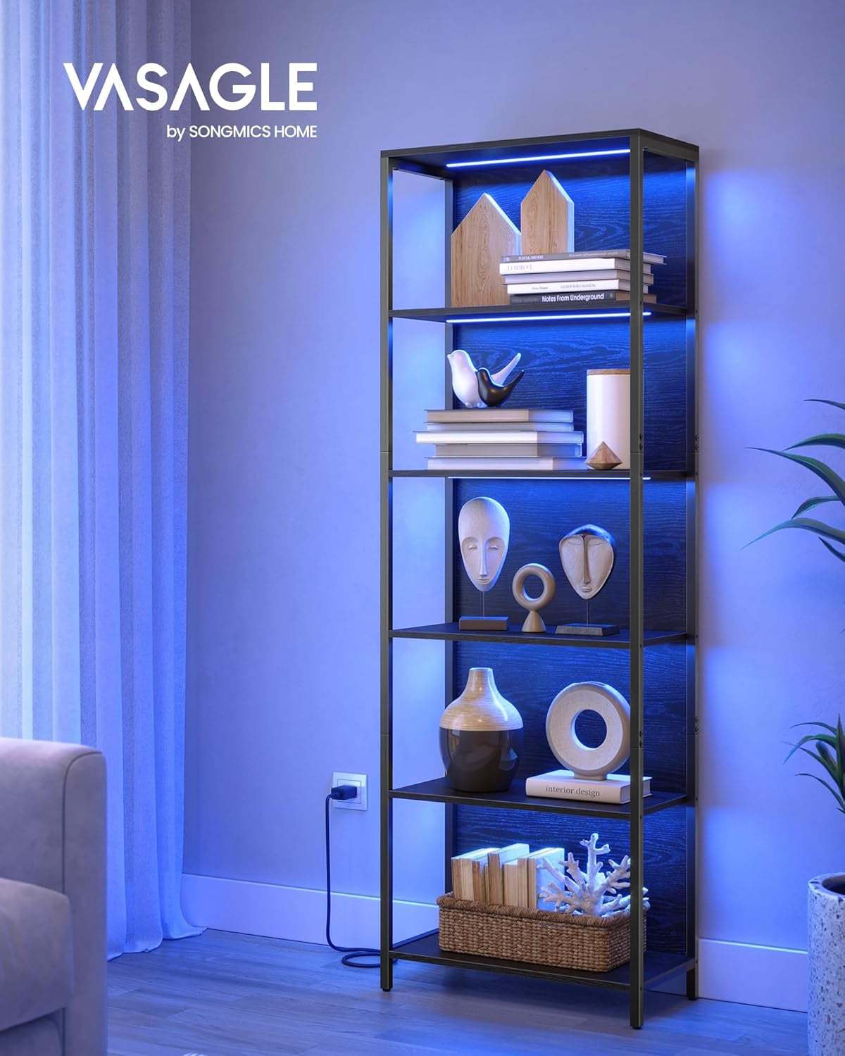 6-Tier LED Bookshelf, Display Shelf with Dimmable Lights, LED Bookcase with Steel Frame, 11.9 X 15.7 X 70.3 Inches, for Living Room, Bedroom, Office, Black with Wood Grain ULLS121B56
