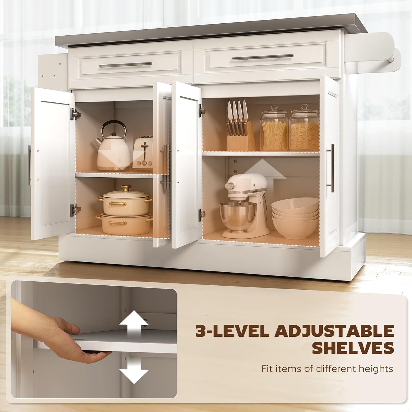 Rolling Kitchen Island Cart with 47" Stainless Steel Top, Portable Island Table for Kitchen with Wheels, Adjustable Shelves, 2 Drawers, Spice, Knife and Towel Rack, White