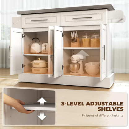 Rolling Kitchen Island Cart with 47" Stainless Steel Top, Portable Island Table for Kitchen with Wheels, Adjustable Shelves, 2 Drawers, Spice, Knife and Towel Rack, White