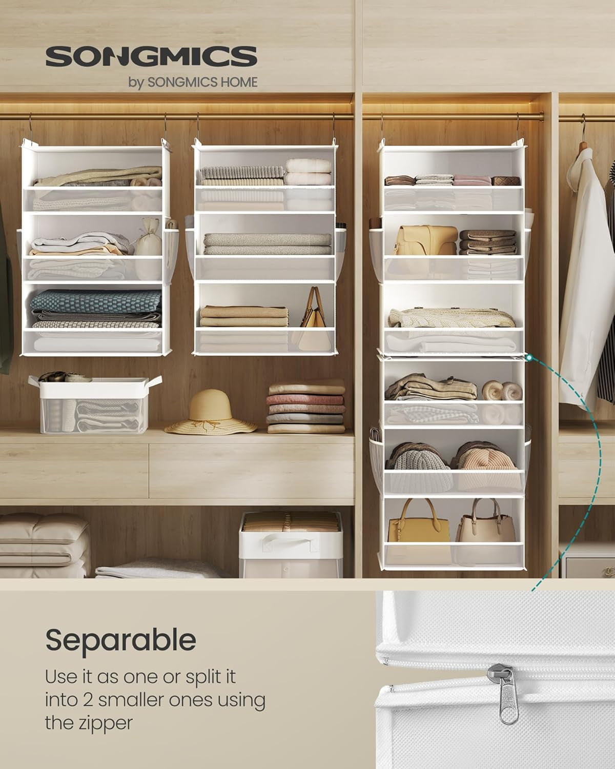 Hanging Closet Organizer, 6-Tier Fabric Storage Shelf, Separable Closet Hanging Shelf with Side Pockets, Foldable, Metal Hooks and Bamboo Inserts, Cloud White URCH007W01