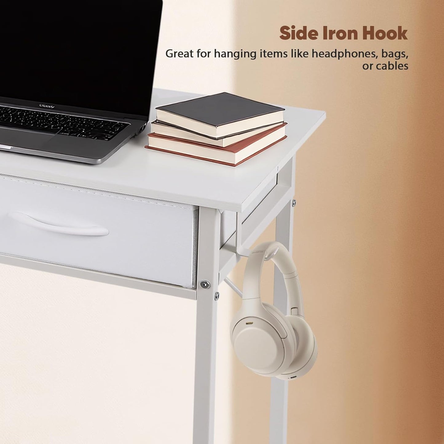Small Computer Desk with Fabric Drawers for Small Space, 31.5 Inch Home Office Desk with Storage Bag & Metal Hanger, Sturdy Writing Desk for Students, Easy Assembly Modern Design Desk, White