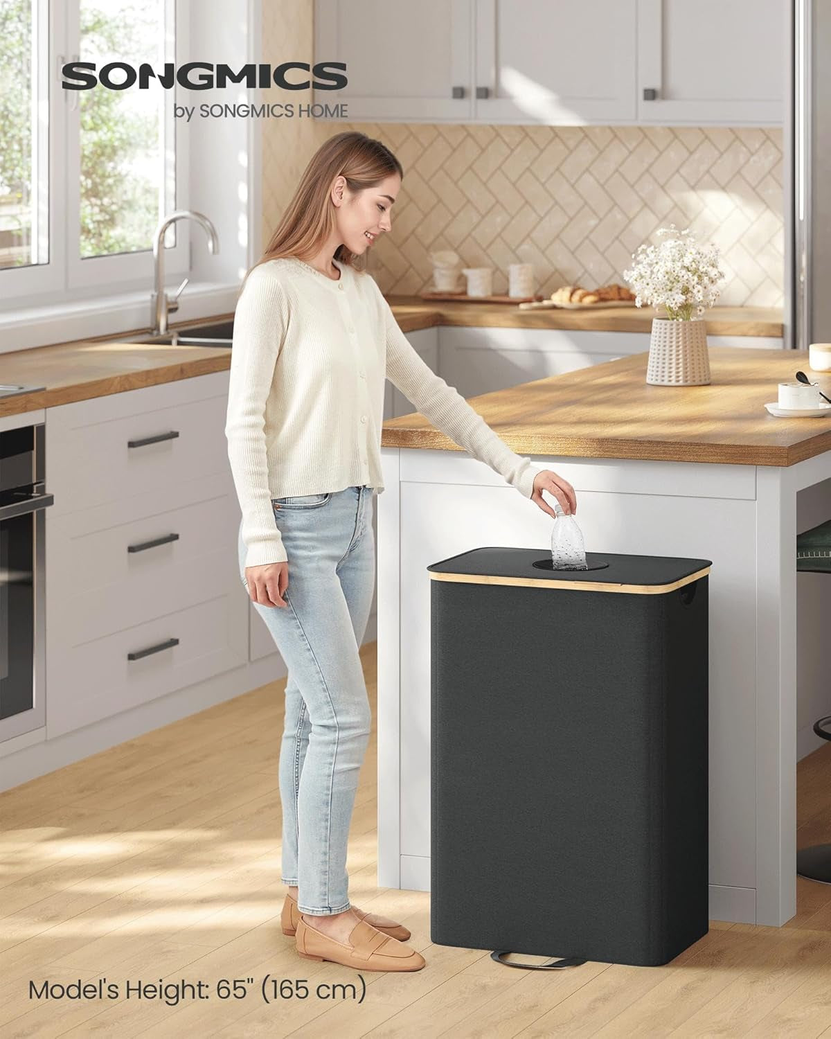 Recycling Bin for Kitchen 26.4 Gallon. Bottle Recycling Container, Collection Bin, for Metal, Plastic, Paper, Glass, Inner Bag with Handles, Kitchen, Ink Black and Natural Beige URRB509B01
