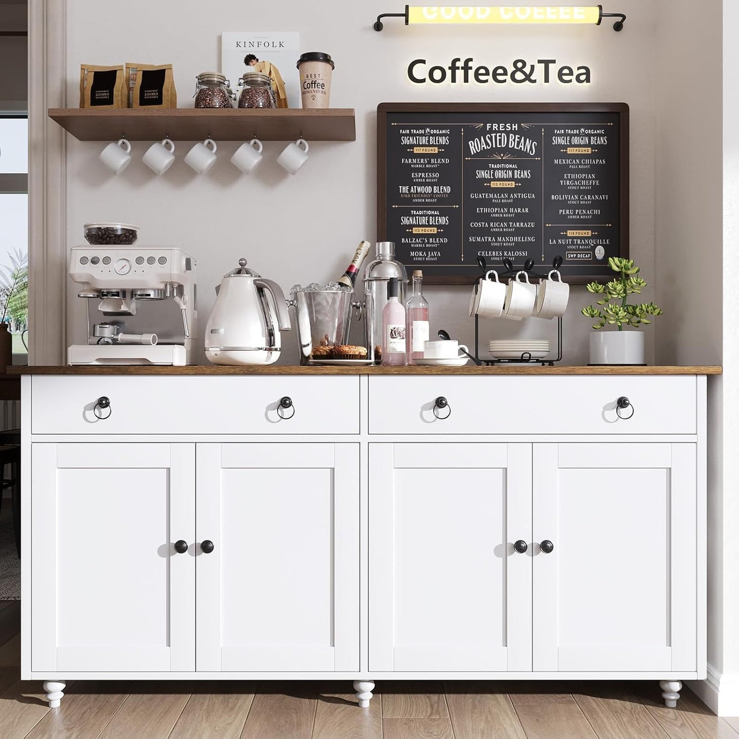 Buffet Cabinet with Storage, 55" Sideboard Buffet Cabinet with 2 Drawers and 4 Doors, Modern Farmhouse Coffee Bar Cabinets, Wood Buffet Table for Kitchen, Dining Room, White