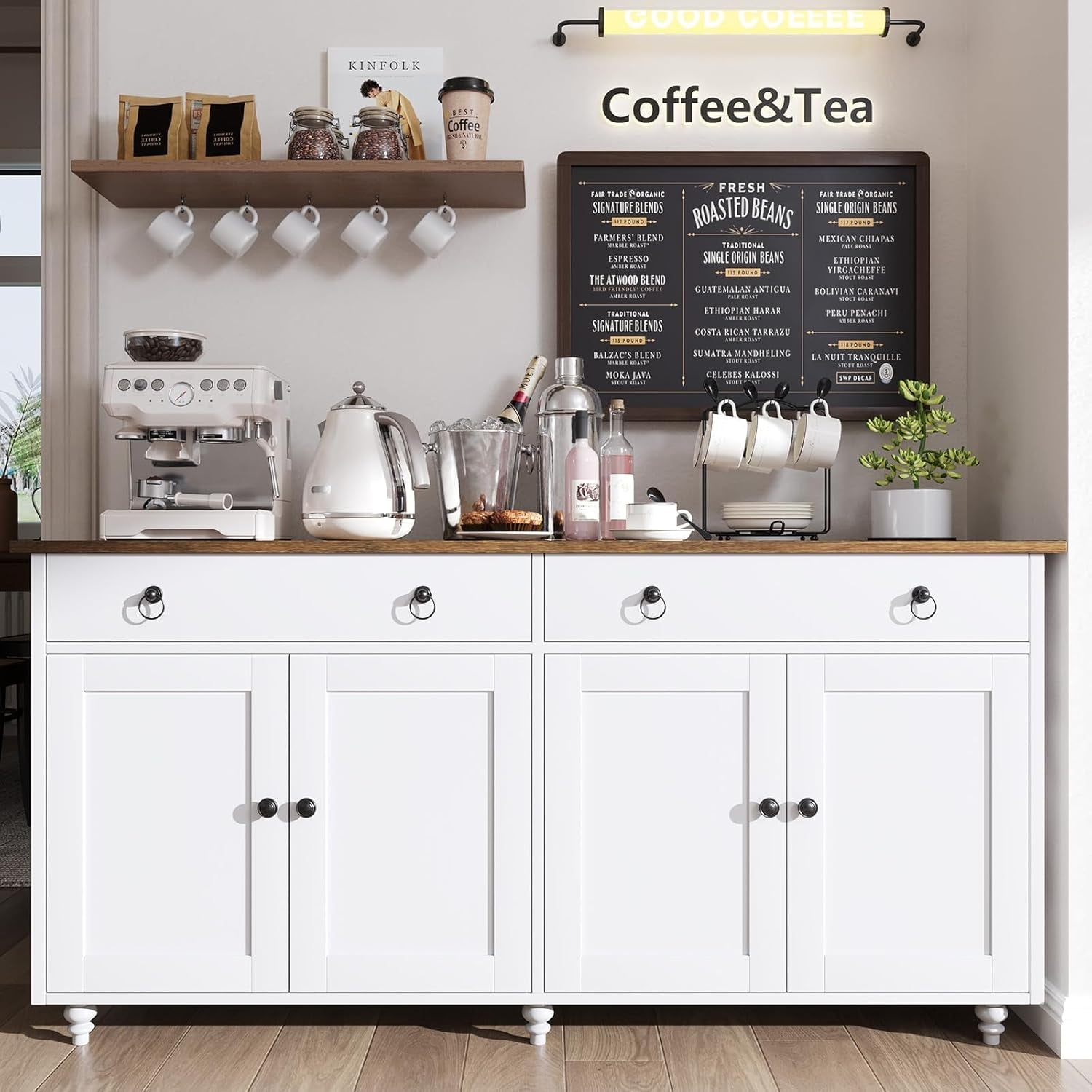 Buffet Cabinet with Storage, 55" Sideboard Buffet Cabinet with 2 Drawers and 4 Doors, Modern Farmhouse Coffee Bar Cabinets, Wood Buffet Table for Kitchen, Dining Room, White