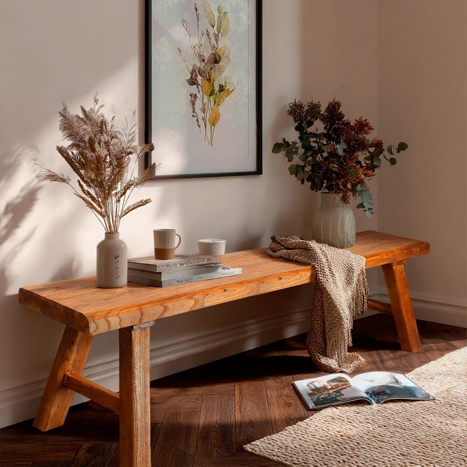 Farmhouse Indoor Wooden Living Room Dining Bench, Asian Natural Wood Kitchen Entryway Benc with Armless Design and Short Height, Solid Wood Shoe Bench Entryway Benches (31.5 * 10.2 * 17.7)