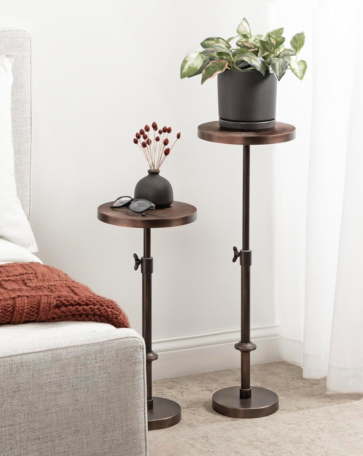Engles Traditional Adjustable-Height Pedestal Drink Table; 10 X 10 X 30; Bronze; Vintage round Indoor Metal Plant Stand with Embossed Sunburst Pattern