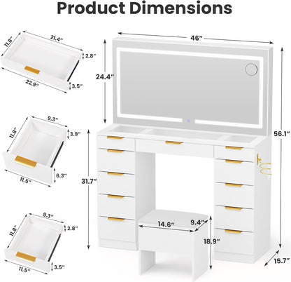 Glass Top Vanity Desk with Mirror and Lights, 11 Drawers Makeup Vanity with Charging Station and Chair, Golden Handles Dressing Table, 3 Lighting Modes Makeup Table, White