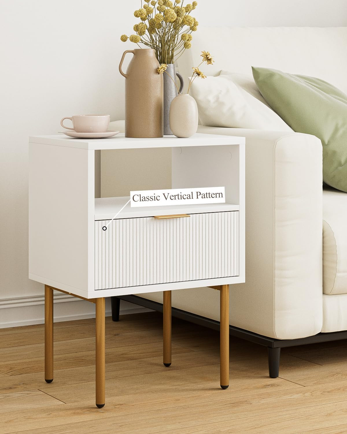 Nightstand,Mid-Century Modern Bedside Table with Storage Drawer and Open Wood Shelf,Small Gold Frame Side Table for Bedroom,Living Room,White