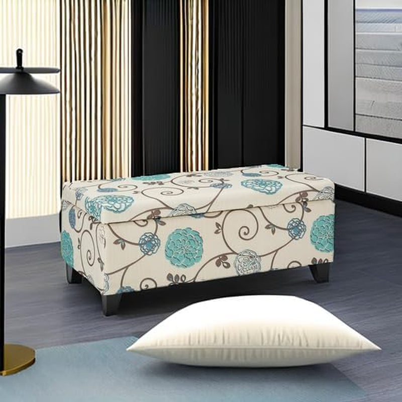 Breanna Fabric Storage Ottoman, White and Blue Floral
