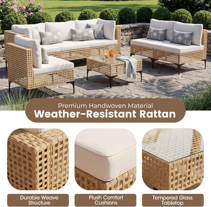 Patio Furniture Set,7 Pieces Outdoor Wicker Sectional Couch with Thick Cushions &Glass Tabletop, PE Rattan Backyard Conversation Sofa with Coffee Table for Deck, Porch