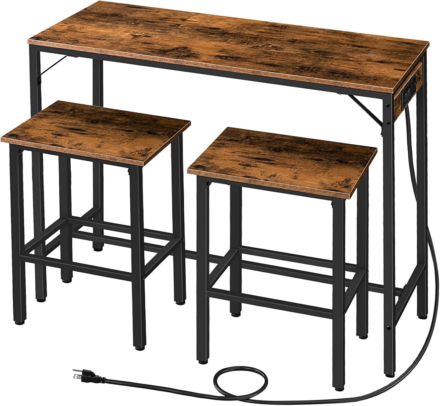 Bar Table and Chairs Set, 47.2" Dining Table Set with Power Outlet, 3-Piece Pub Table Set, Kitchen Bar Height Table with Stools of 2, Space Saving for Living Room, Rustic Brown BF46UBT01