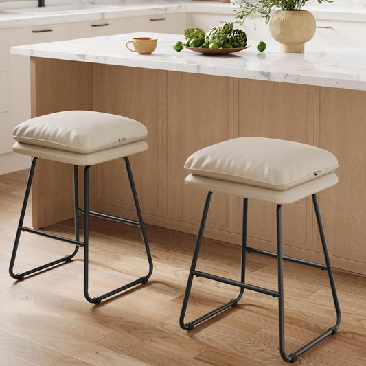 Bar Stools Set of 2, Counter Height Bar Stools, Leather Counter Stools Barstools with Soft Cushion and Metal Sled Legs, 25.6 Inches Bar Height Bar Chairs for Kitchen Island, Cappuccino Beige