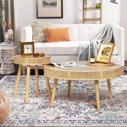2-Piece Farmhouse Coffee Table, Modern Rustic Sofa Side Tea Tables, Solid Wood Finish with Crafted Rattan Side and End Table Sets for Living Room (Natural)