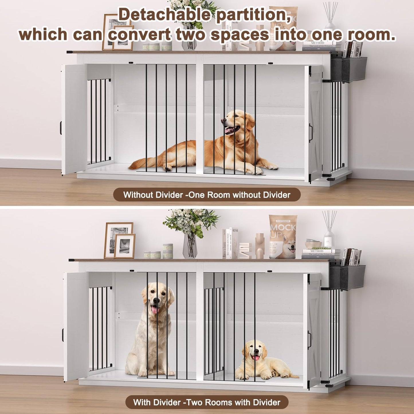 Dog Crate Furniture for 2 Dogs, 72.4" Indoor Large Double Dog Crate, Wooden GOG Kennel Tv Stand with Divider for Medium Large Breed Dogs, Brown
