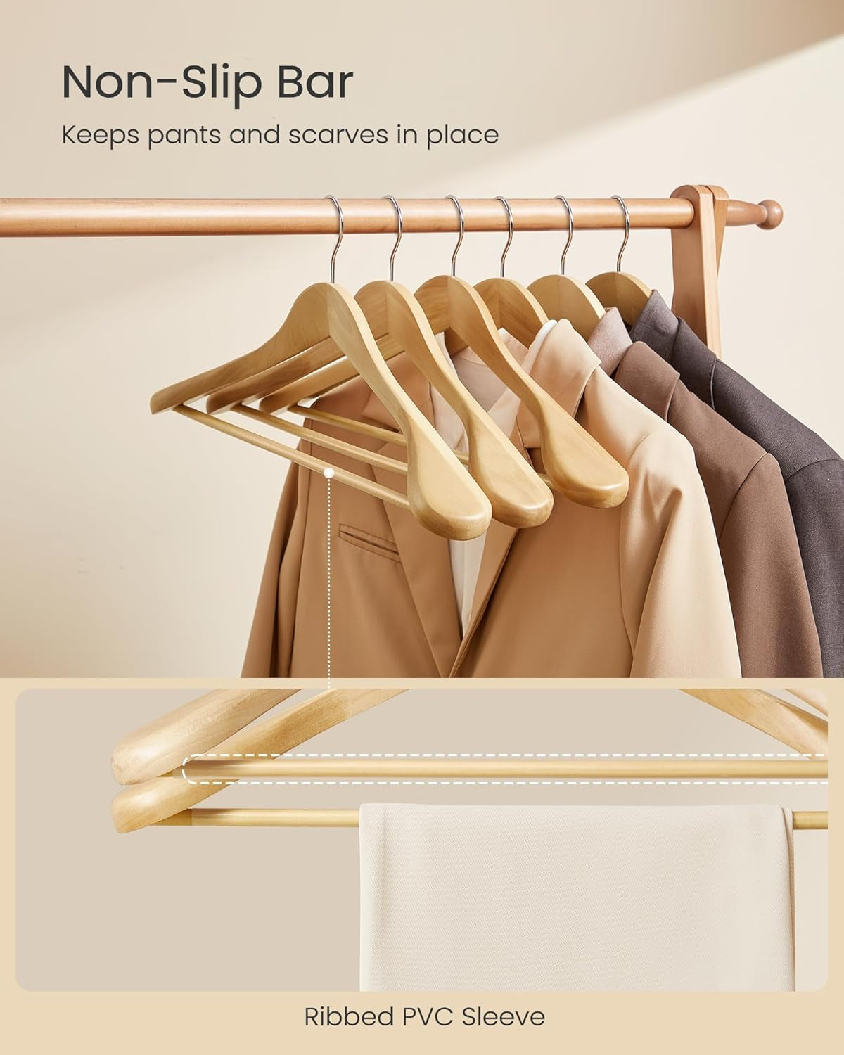 Extra Wide Wooden Suit Hangers, Set of 10 Clothes Hangers, Swivel Hooks, Non-Slip Bars, for Outfits, Suits, Coats, Shirts, Dresses, Natural Color UCRW050KZ02