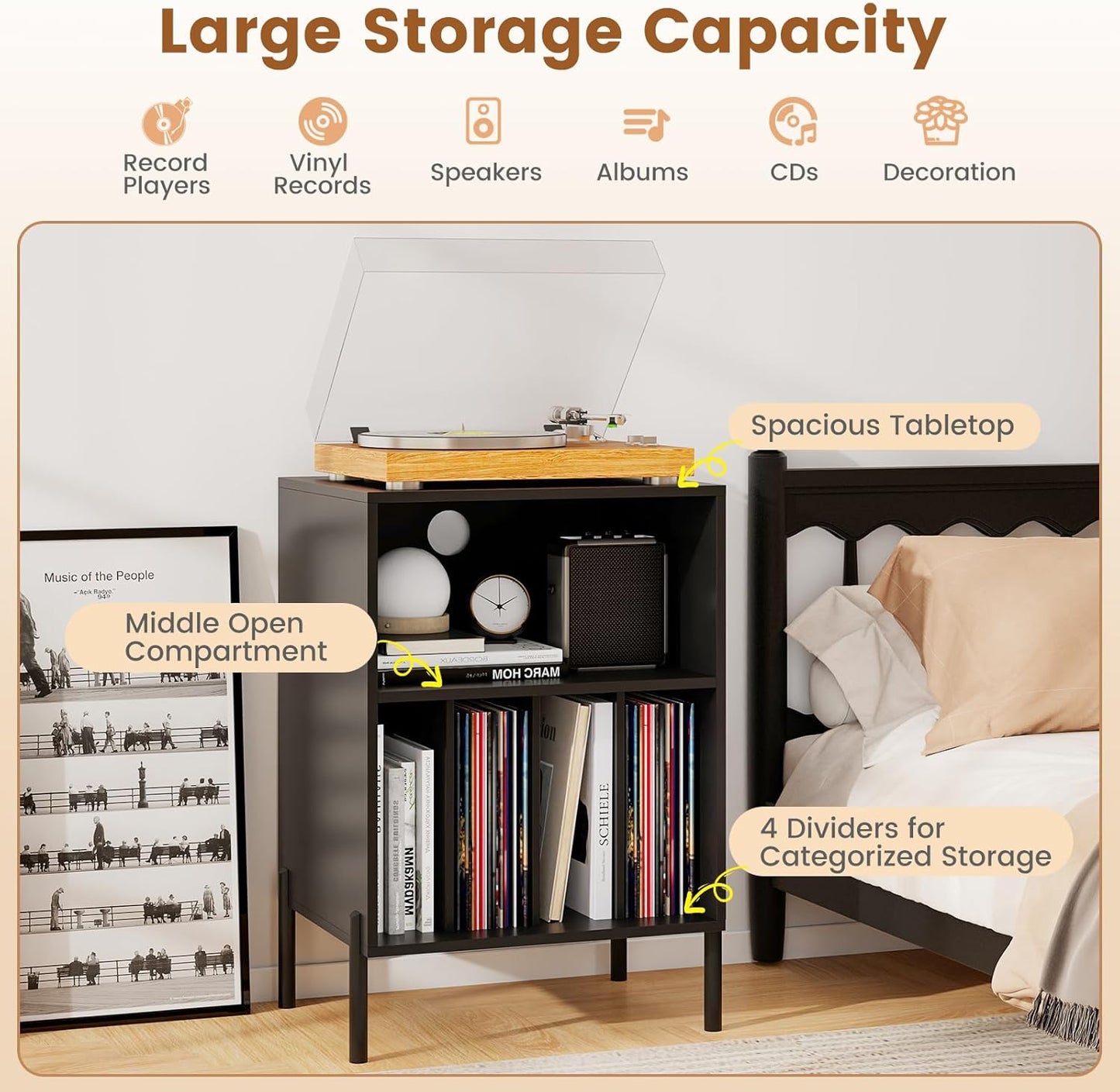 Record Player Stand, Turntable Side Table Nightstand W/Charging Station & Vinyl Record Storage Cabinet Holds up to 150 Albums, Record Player Holder for Living Room (Black, 31" H)