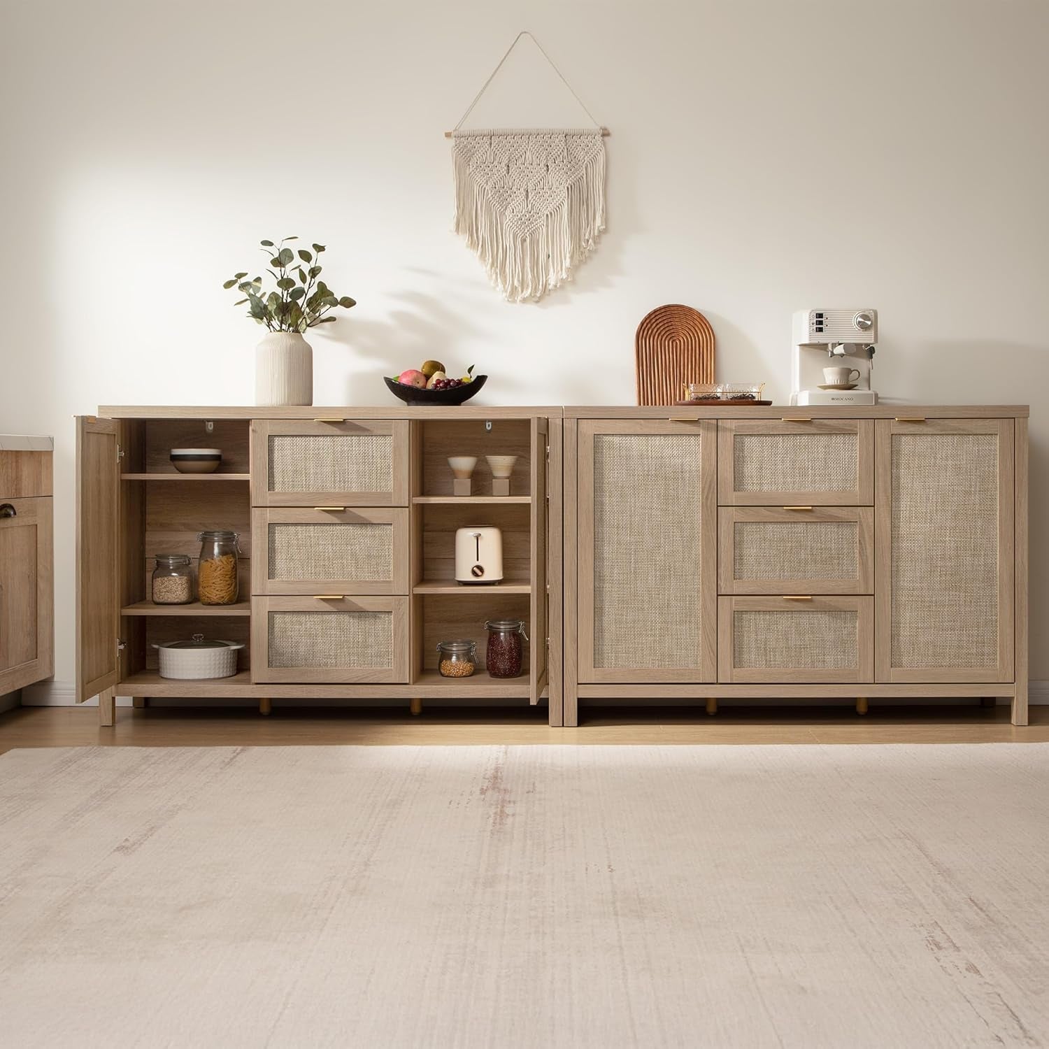 52" Larger Sideboard Buffet Coffee Bar Cabinet with Storage - Farmhouse Rattan Credenza Storage Cabinet with 3 Drawers and 2 Doors, Boho Console Table for Living Room, Kitchen, Light Oak