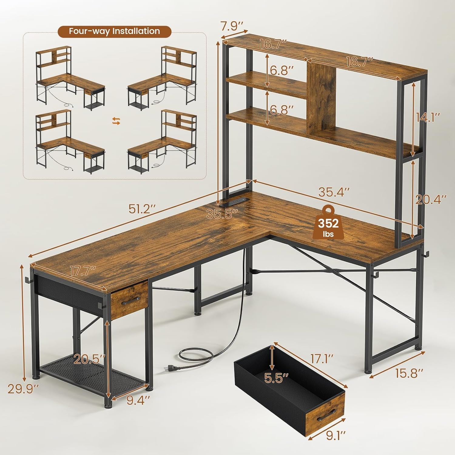 L Shaped Gaming Desk, 51.2" Reversible Small Corner Desk with Drawer, Power Outlet & LED Lights, Computer Desk with Storage Shelves for Small Space, Black