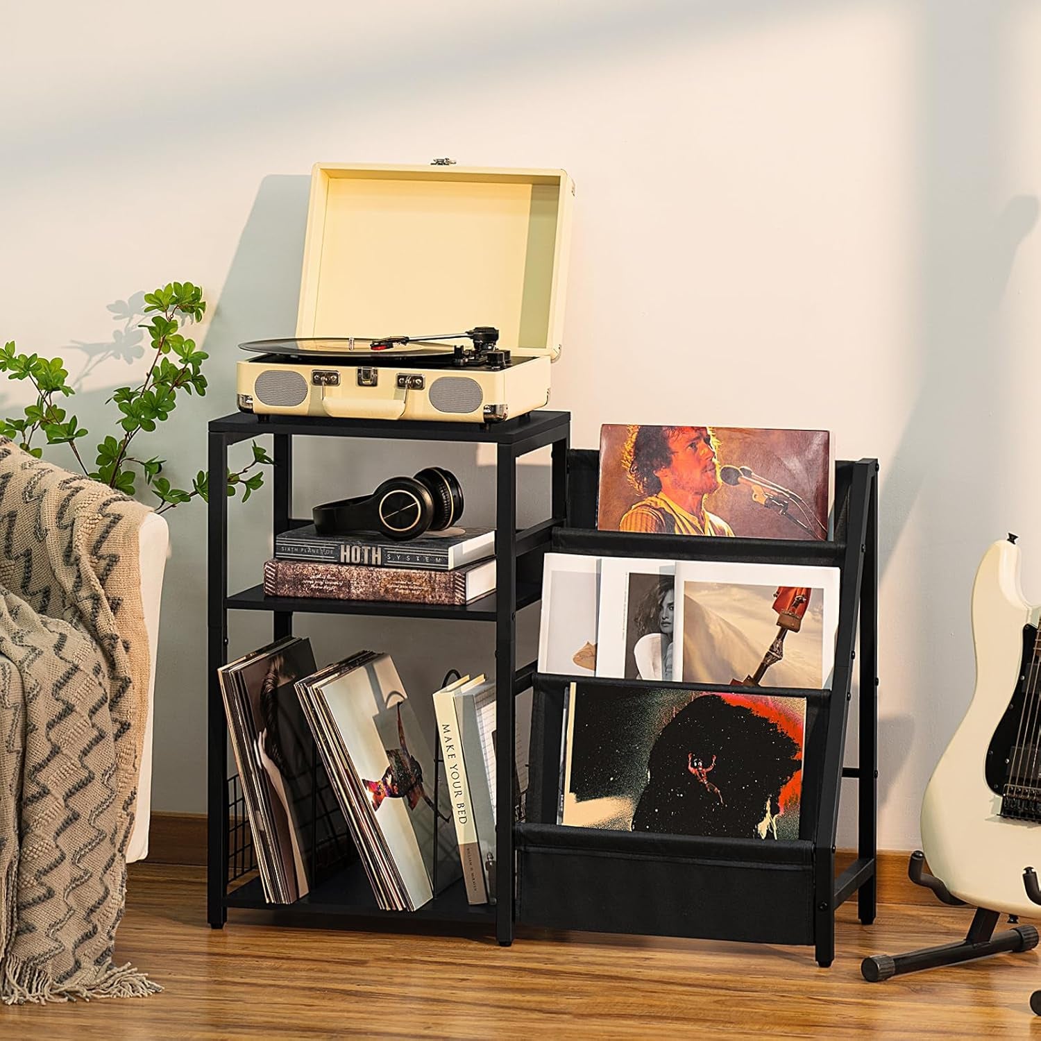 Record Player Stand, Black Adjustable Guitar Stand for Acoustic Guitar, Electric Guitar, Bass, Turntable Stand with Vinyl Display Shelf Storage up to 150 Albums, End Table for Music Room