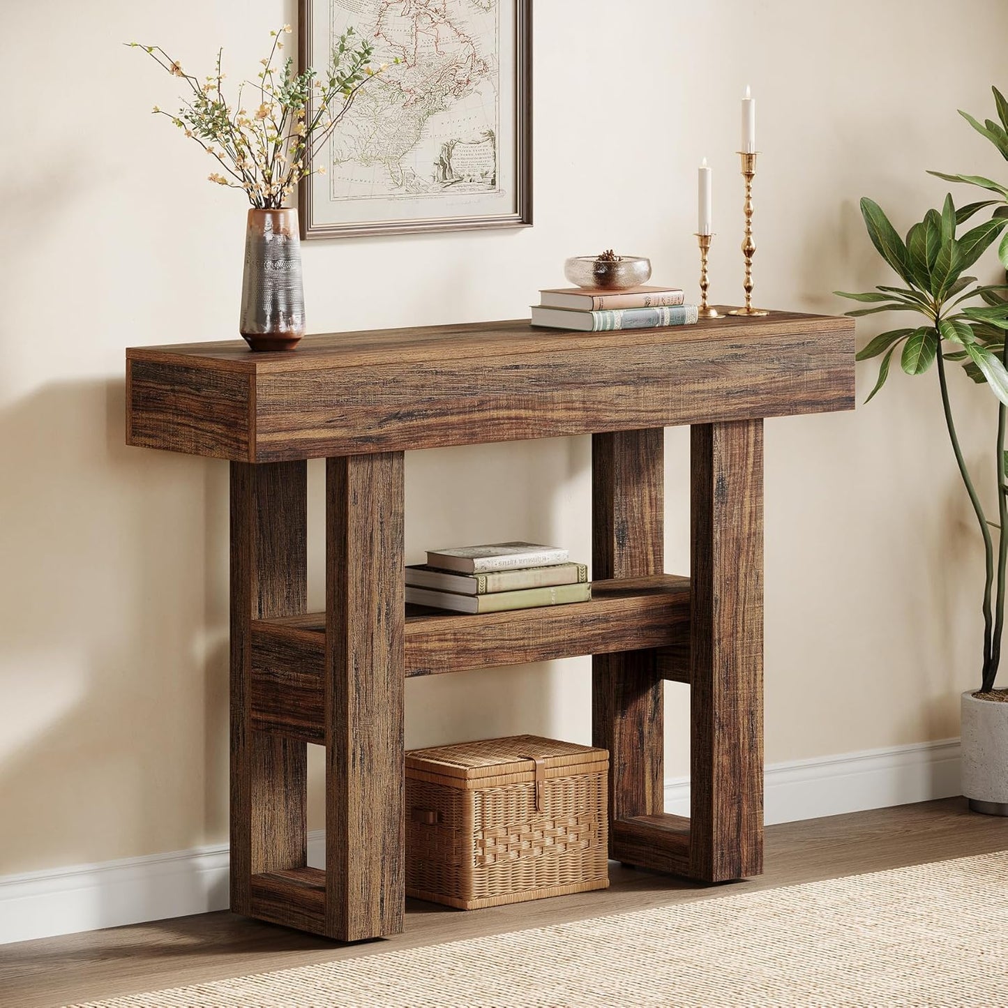 41.34-Inch Farmhouse Console Table, 2-Tier Narrow Sofa Table behind the Couch, Entryway Furniture with Storage Shelves for Hallway Foyer Living Room, Rustic Brown