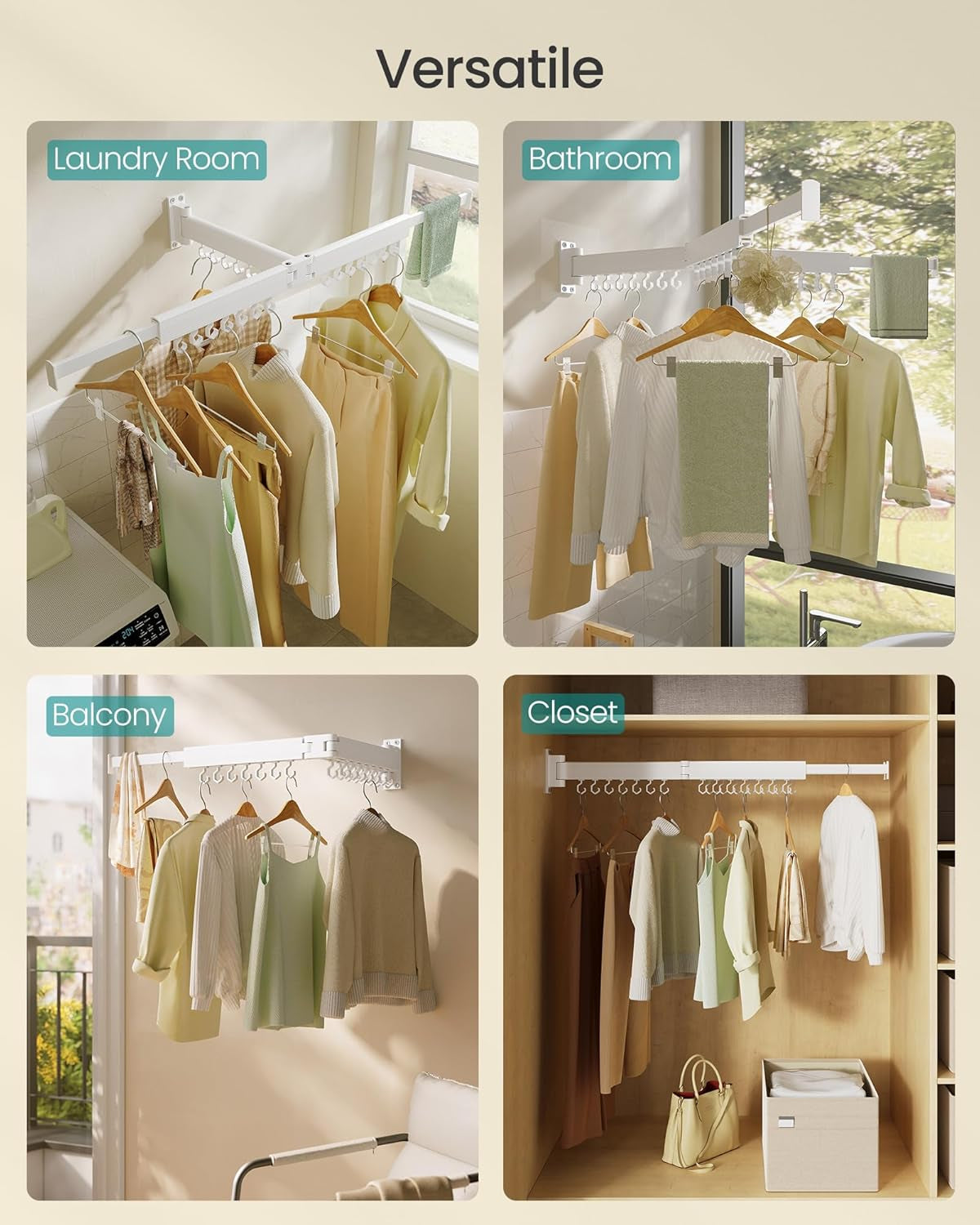 Clothes Drying Rack, Wall-Mounted Laundry Drying Rack, Extendable, Foldable Arms, with 21 Swivel Sliding Hooks, Space-Saving, for Laundry Room, Bathroom, Cloud White ULLR807W01