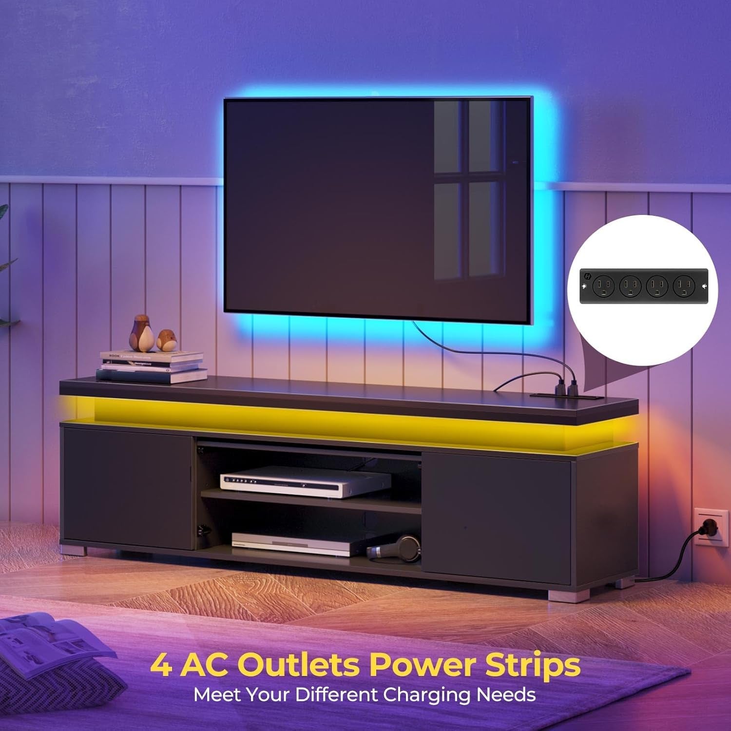TV Stand with Power Outlet & LED Lights, Modern Entertainment Center for 32/43/50/55/65 Inchs Tvs, TV Table, Universal Gaming LED TV Media Stand with Large Storage Cabinet, Black