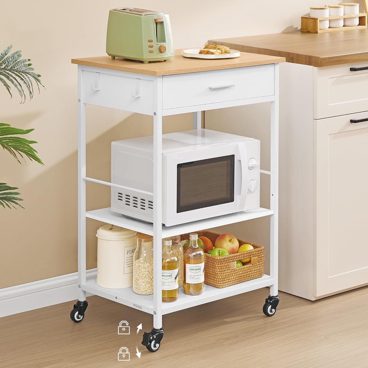Kitchen Rolling Island, Mobile Kitchen Cart with Storage on Wheels, 17.7 X 23.6 X 35.4 Inches, Drawer, 2 Hooks, for Dining Room, Oak Beige and Matte White UKKI007Y01