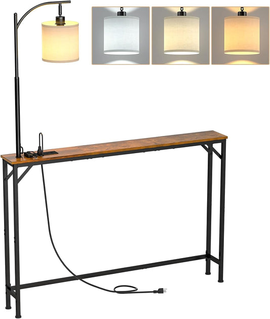 Skinny Console Table with Outlet, Narrow Sofa Table with 3-Color Light, behind Couch Table with 3 Color Temperatures Led Bulb for Living Room, Bedroom, Entryway, Hallway