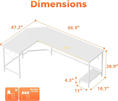 66 Inch Large L Shaped Desk, Simple Corner Gaming Desk with CPU Stand & Hooks, Computer Desk for Home, Bedroom & Office Workspace, Walnut
