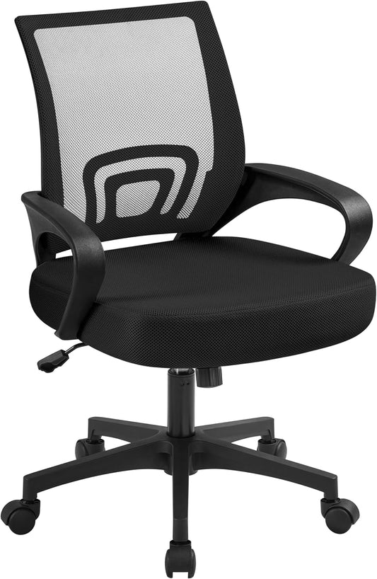 Mid-Back Mesh Office Chair Adjustable Ergonomic Computer Task Chair Swivel Rolling with Lumbar Support Armrest for Home Office Work Study, Black