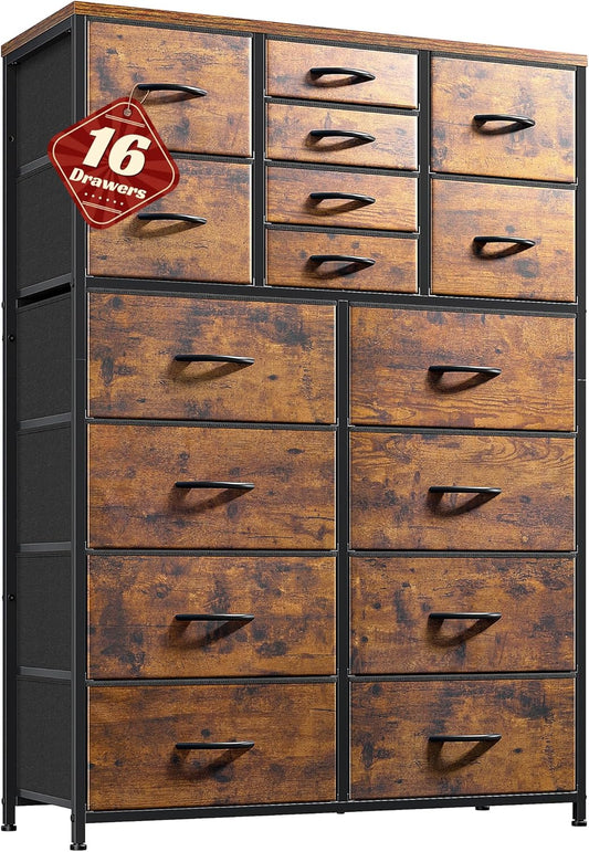 57“H Dresser for Bedroom with 16 Drawers,Fabric Dressers & Chests of Drawers for Bedroom,Large Dresser, Sturdy Metal Frame & Wood Top,Entryway, Hallway(Rustic Brown)