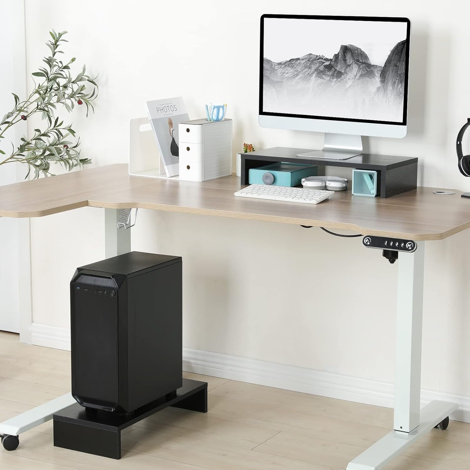 20 Inch Monitor Stand Riser, Black Desktop Stand for Pc/Tv/Laptop/Printer, Wood Monitor Riser with Storage, Computer Stand Keyboard Organizer