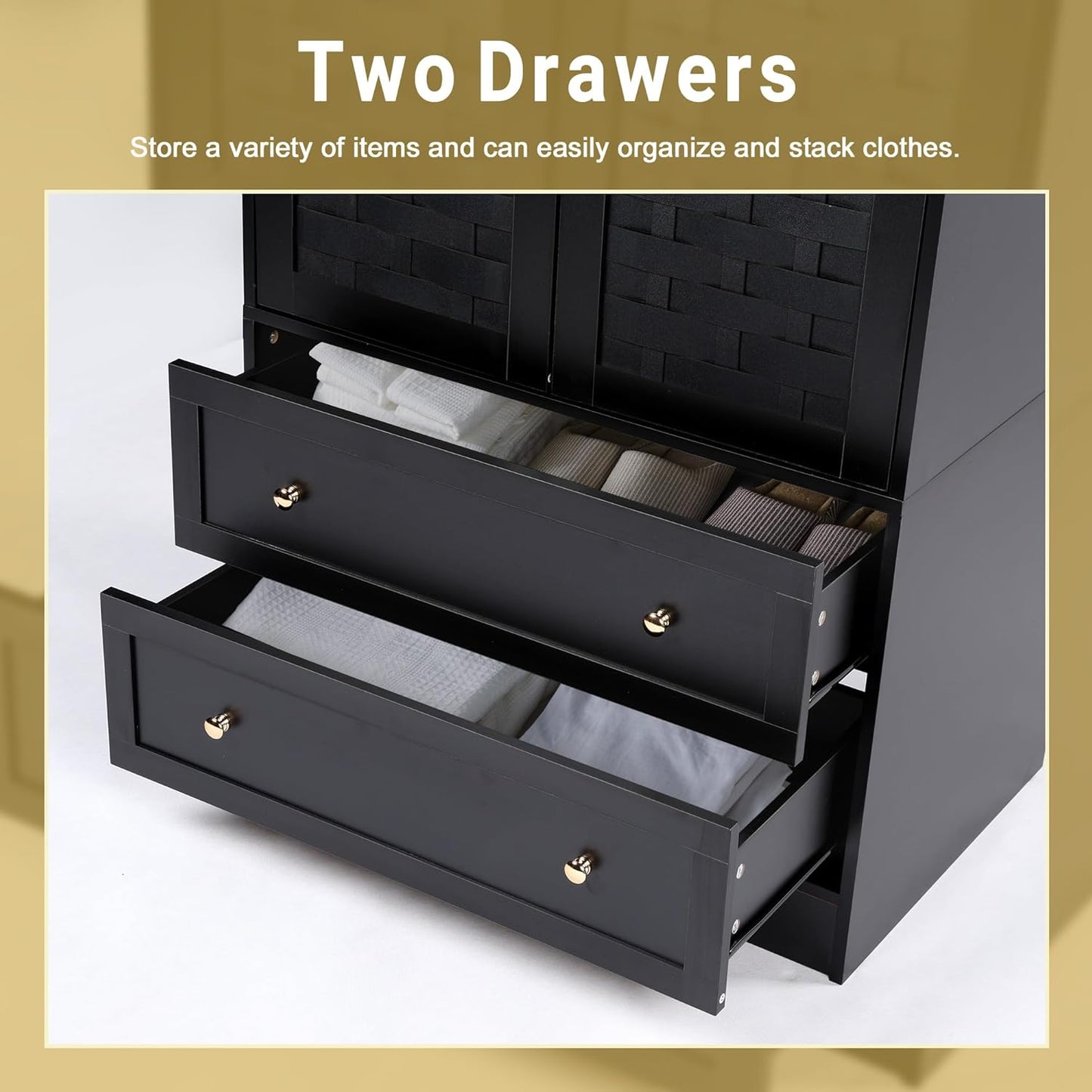 Armoire Wardrobe Closet with 2 Woven Doors, Wardrobe Cabinet with 2 Storage Drawers and Hanging Rail, Freestanding Wooden Closet for Bedroom (Black)