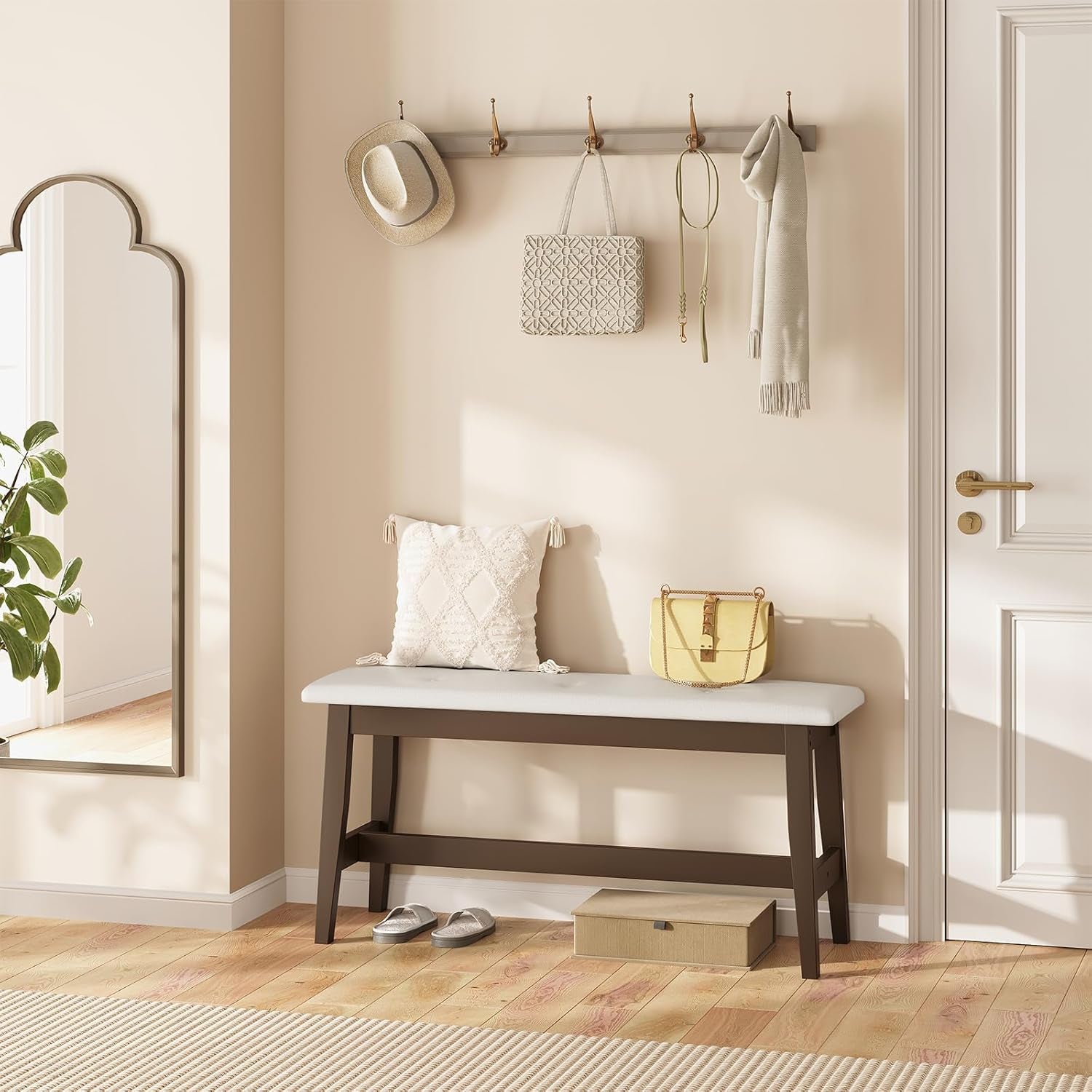 Dining Bench, Bamboo Dining Room Bench with PU Leather Upholstered Seat, for Kitchen, Living Room, Hallway, Kitchen, Entryway, Beige and Brown CE13CD01