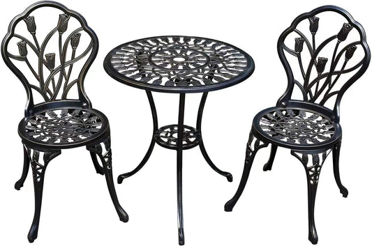 Patio Bistro Set.Rust-Resistant Cast Aluminum Bistro Table Set with Umbrella Hole for Backyard (Tulip Copper)